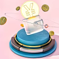 Transparent Cube With Yen Symbol On Blue Base And Orbiting Gold Coins