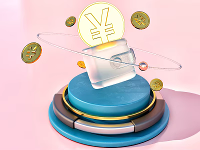 Transparent Cube With Yen Symbol On Blue Base And Orbiting Gold Coins 3d model