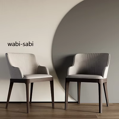 Wabi Sabi Style Dining Chairs With Light Gray Upholstery Vertical Striped Backrest And Wooden Legs 3d model