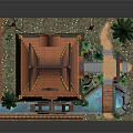 Whimsical Cartoon Scene With Chinese Style Tower Orange Roof Lanterns Watermill Pine Trees Small Pond