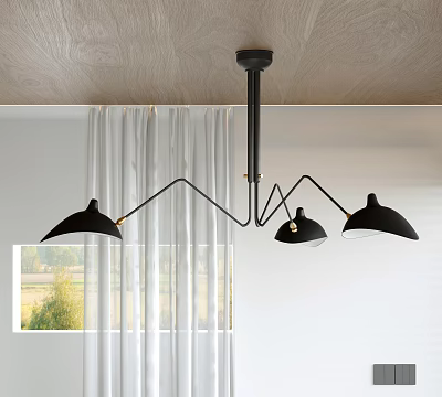 Modern Black Pendant Light With Three Adjustable Arms In Interior With Wooden Ceiling And Sheer Curtains 3d model