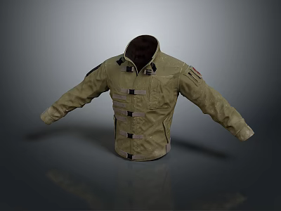 Beige Daily Use Jacket With Stand Collar Multiple Pockets And Shoulder Patches 3d model