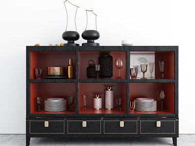 Black Sideboard With Glass Doors Red Interior Drawers And Dinnerware 3d model