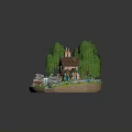 Cartoon Scene Featuring Small House Weeping Willow Trees Garden Rocks Small Shed and Blue Car