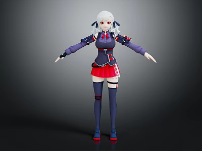 Game and Movie Character With White Hair Dark Outfit Red Skirt and Mechanical Details 3d model
