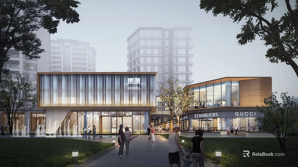 Modern Commercial Street With Glass Facade Starbucks Gucci Stores Pedestrians And High Rise Buildings 3d model 