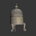 Intricate Carved Lidded Sculpture Featuring Openwork Design Three Legs And Decorative Patterns