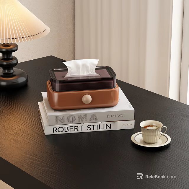 Modern Decorative Ornament Set With Tissue Box Stacked Books Coffee Cup And Table Lamp 3d model 