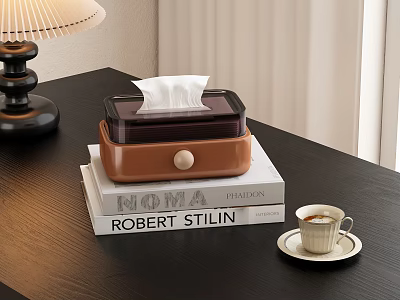 Modern Decorative Ornament Set With Tissue Box Stacked Books Coffee Cup And Table Lamp 3d model