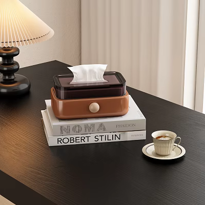 Modern Decorative Ornament Set With Tissue Box Stacked Books Coffee Cup And Table Lamp 3d model