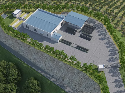 Industrial Factory Building With Blue Roof Surrounding Trees And Green Area Layout 3d model