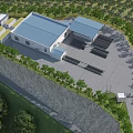 Industrial Factory Building With Blue Roof Surrounding Trees And Green Area Layout