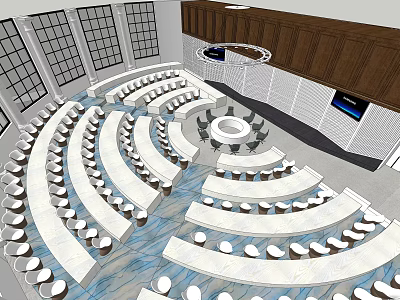 Spacious Conference Room With Circular Seating Layout Large Windows And Digital Screen 3d model