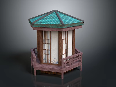 Traditional Chinese Style Pavilion With Green Tiled Roof And Wooden Railed Platform 3d model