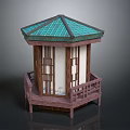 Traditional Chinese Style Pavilion With Green Tiled Roof And Wooden Railed Platform