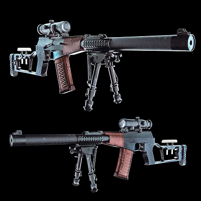 Military Tactical Weapon Rifle With Optical Sight Wooden Stock And Tripod Stand 3d model