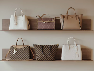 Stylish Leather Handbags On Wooden Shelves With Checkerboard And Logo Designs 3d model