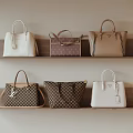 Stylish Leather Handbags On Wooden Shelves With Checkerboard And Logo Designs
