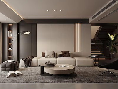 Modern Luxury Living Room With Beige Sofa Round Coffee Table Floor Lamp And Green Plant 3d model