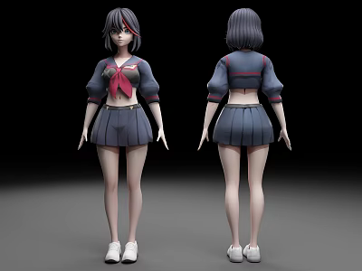 3D Anime Character Model Front And Back Views In Gray Uniform With Red Ribbon 3d model