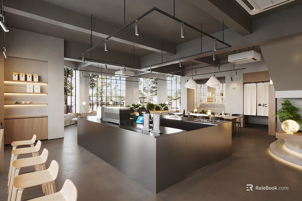 Modern Café With Open Bar Counter Wooden Seats Large Windows Green Plants And Gray Tones 3d model 