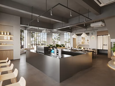 Modern Café With Open Bar Counter Wooden Seats Large Windows Green Plants And Gray Tones 3d model