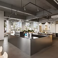 Modern Café With Open Bar Counter Wooden Seats Large Windows Green Plants And Gray Tones
