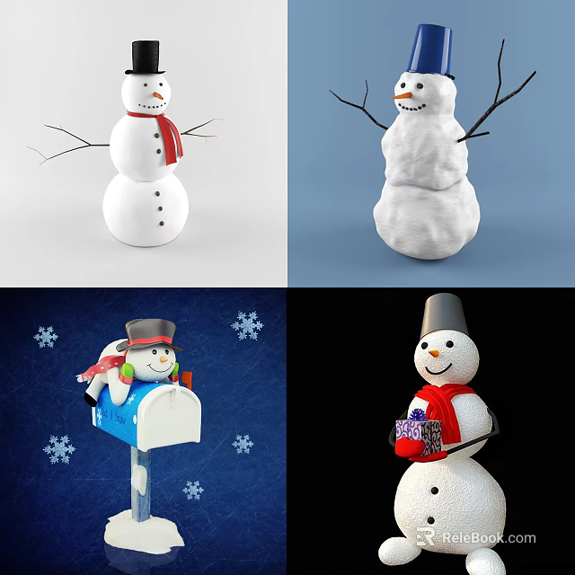 Cartoon Snowman Scene With Black Hat Red Scarf Gift Box And Snowflakes 3d model 