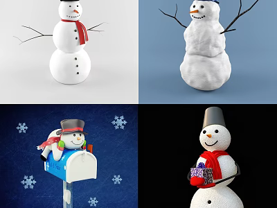 Cartoon Snowman Scene With Black Hat Red Scarf Gift Box And Snowflakes 3d model