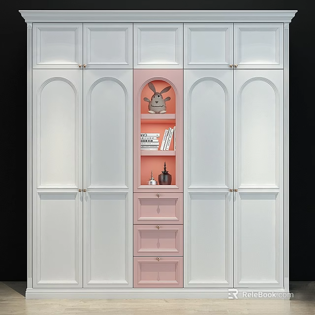 Stylish Wardrobe Design With White Panels Pink Central Section Built-in Shelf Drawers And Decorative Items 3d model 