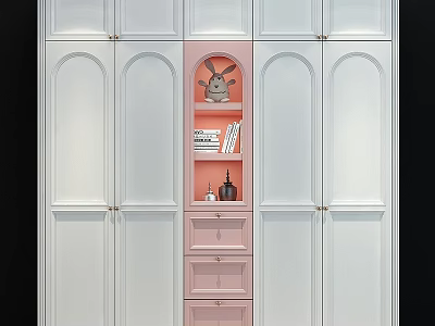 Stylish Wardrobe Design With White Panels Pink Central Section Built-in Shelf Drawers And Decorative Items 3d model