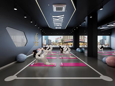 Women Practicing Yoga Stretches In Indoor Modern Fitness Gym On Pink Mats 3d model