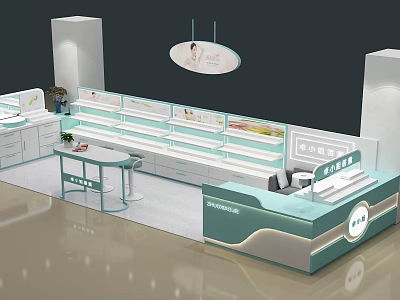 Modern Mall Counter Design With Teal White Display Shelves Reception Desk And Lighting 3d model