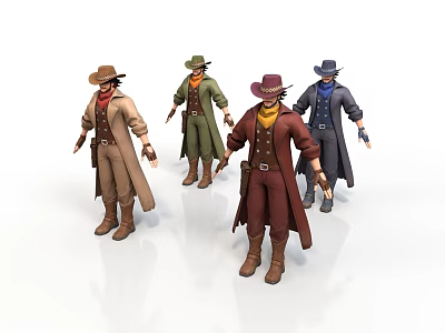 Men in Western Style Outfits with Cowboy Hats and Long Coats in Different Colors 3d model