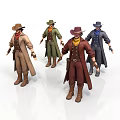 Men in Western Style Outfits with Cowboy Hats and Long Coats in Different Colors