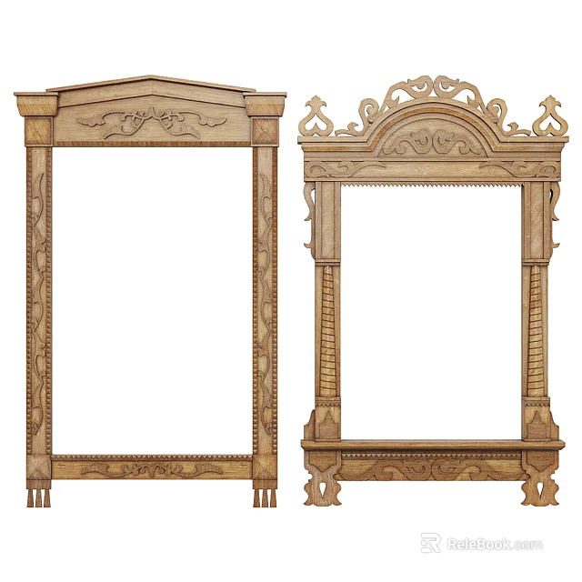 Two Ornate Wooden Frames with Intricate Carved Lines for Decorative Design 3d model 
