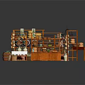 Wooden Market Stall With Shelves Ceramic Bowls Green Plants And Stone Brick Floor