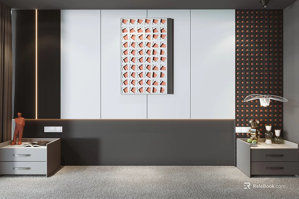 Modern Bed Background Wall With Red White Pattern Decorative Painting And Dark Side Panels 3d model