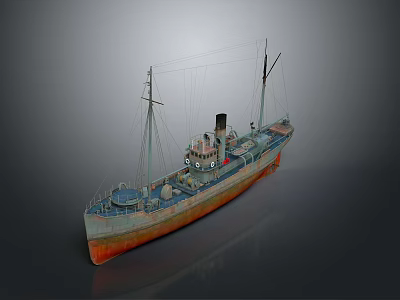 Vintage Water Vessel With Tall Masts Smokestack Blue And Orange Hull And Detailed Deck 3d model