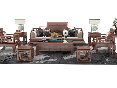 Traditional Solid Wood Sofa and Coffee Table Set With Side Tables Chairs and Decorative Lamps 3d model