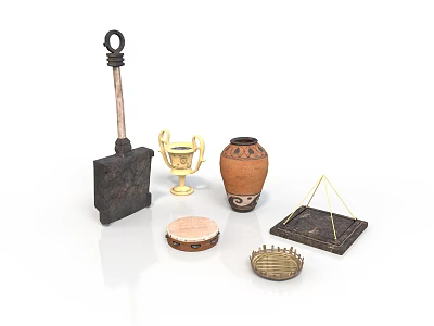 Handcrafted Sculpting Tools and Artisanal Ceramic Vase with Metal Trophy and Carved Drum 3d model