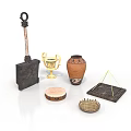 Handcrafted Sculpting Tools and Artisanal Ceramic Vase with Metal Trophy and Carved Drum