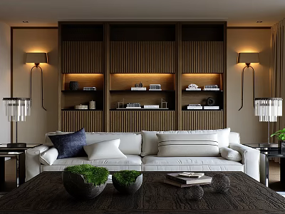 Elegant Modern Living Room Interior With Soft White Sofa And Warm Lit Wooden Display Wall 3d model