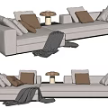 Light Gray Sectional Sofa with Brown Gray Cushions Golden Side Table and Throw Blanket 3d model