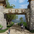Traditional Architectural Exterior Wall Entrance Gate With Stone Structure Wooden Roof And Green Plants