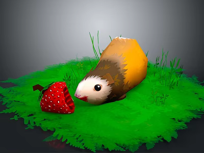 Cute Yellow And White Guinea Pig Sniffing Fresh Strawberry On Green Grass 3d model