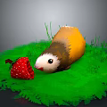 Cute Yellow And White Guinea Pig Sniffing Fresh Strawberry On Green Grass