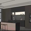 Modern Kitchen Bar Counter with Black Countertop Lighting Stools Dark Cabinets Window Blinds Coffee Machine