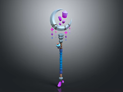 Enchanted Magic Staff With Crescent Moon Top Purple Cubes Pink Stars And Blue Shaft 3d model