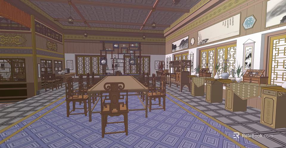 Ancient Architecture Interior With Traditional Wooden Furniture Carved Windows And Decorative Paintings 3d model 